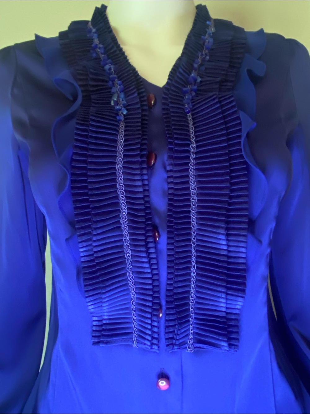 Women’s Royal Blue Ruffle-Front Button Blouse - Picture 11 of 13